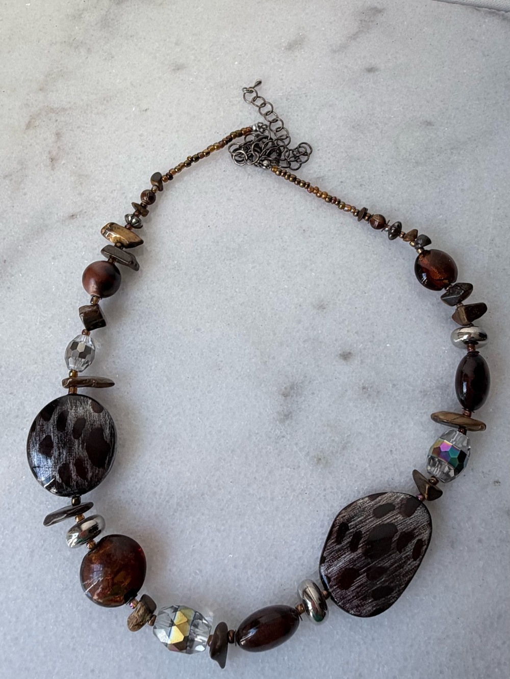 Statement Brown Beaded Necklace with Animal-Print Accents